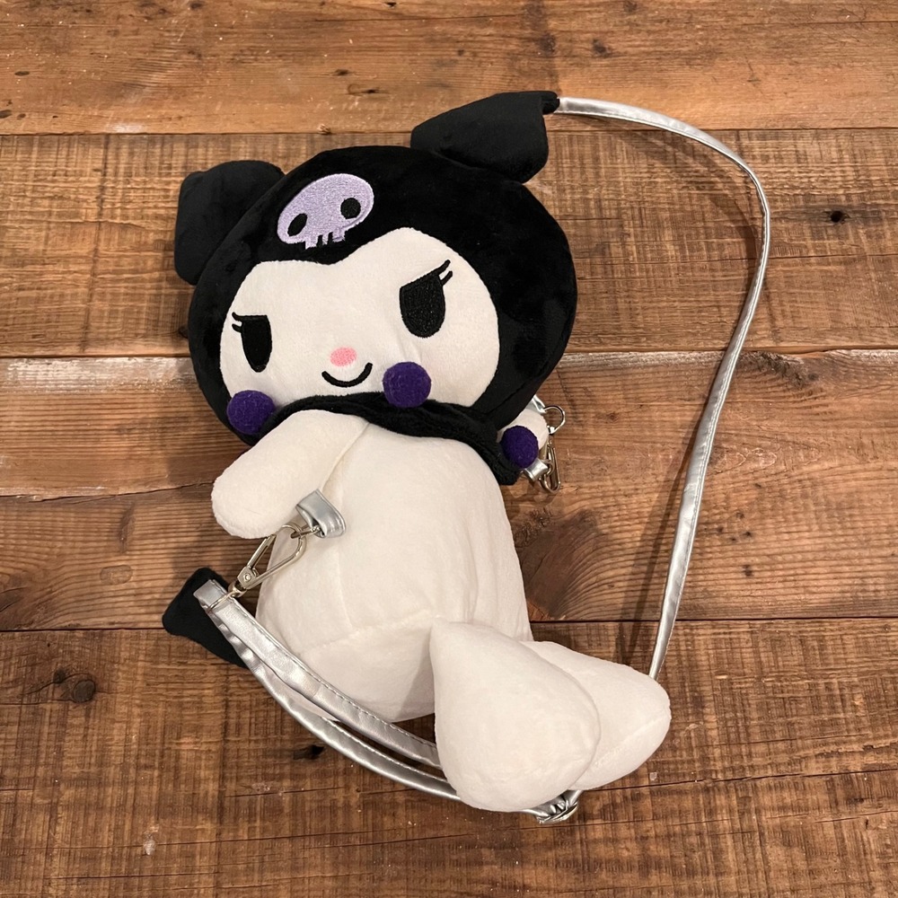Sanrio Kuromi Plush Crossbody Bag Silver Metallic Strap Black White HKFL4386